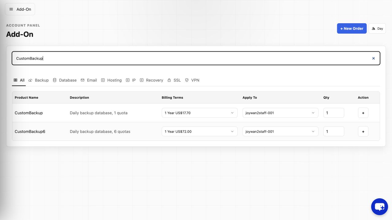 CustomBackup add-on in the current Account Panel