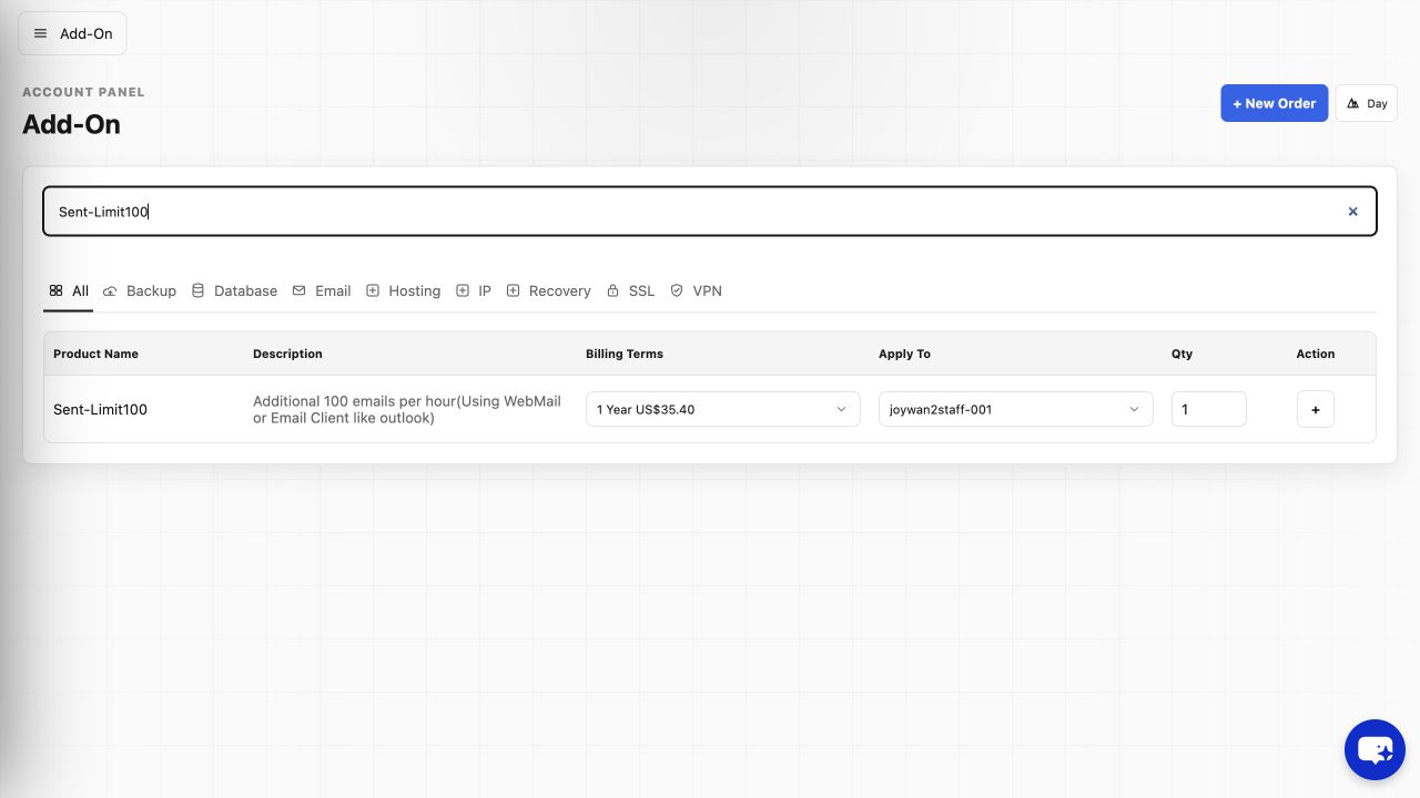 Sent-Limit100 add-on in the current Account Panel