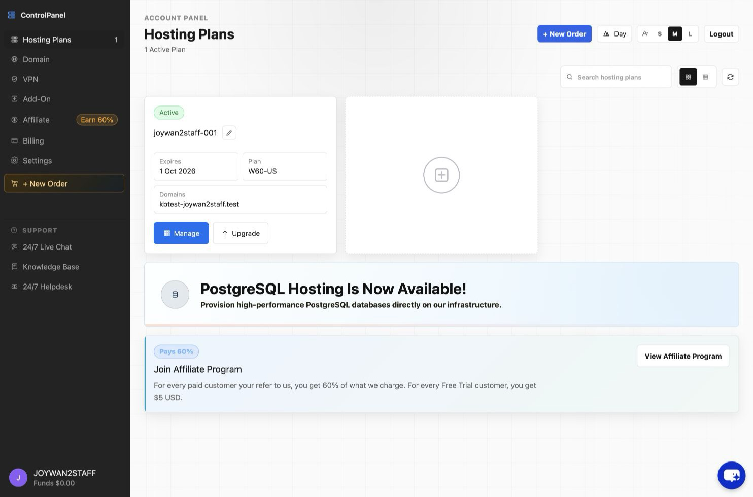 Upgrade action on the Hosting Plans page