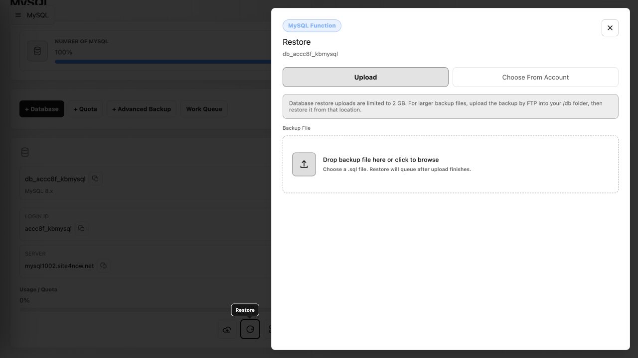 MySQL restore form in the current Control Panel